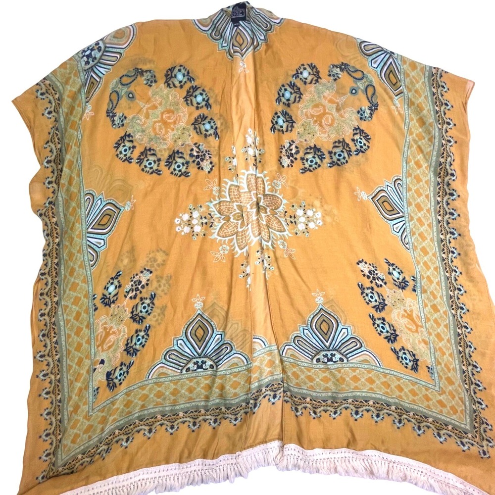 Angie Mustard Yellow Boho Medallion Fringe Kimono Wrap One Size OS